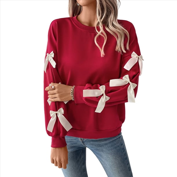 Blusa de Larga con Lazo Y2K para Mujer - Cuello Redondo Rojo con Lazo Navideño y de Año - Camisa Holgada Extragrande Rojo M