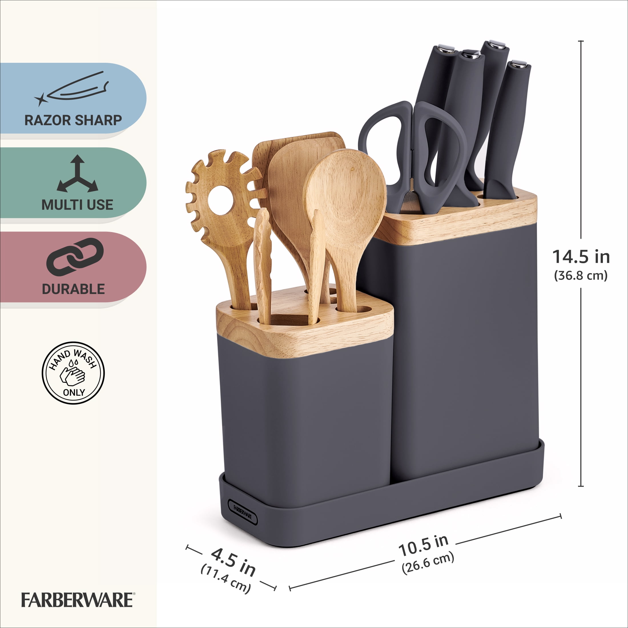 Farberware Professional Wood Kitchen Utensil and Knife Set with Counter Storage Smoke, 13-Piece