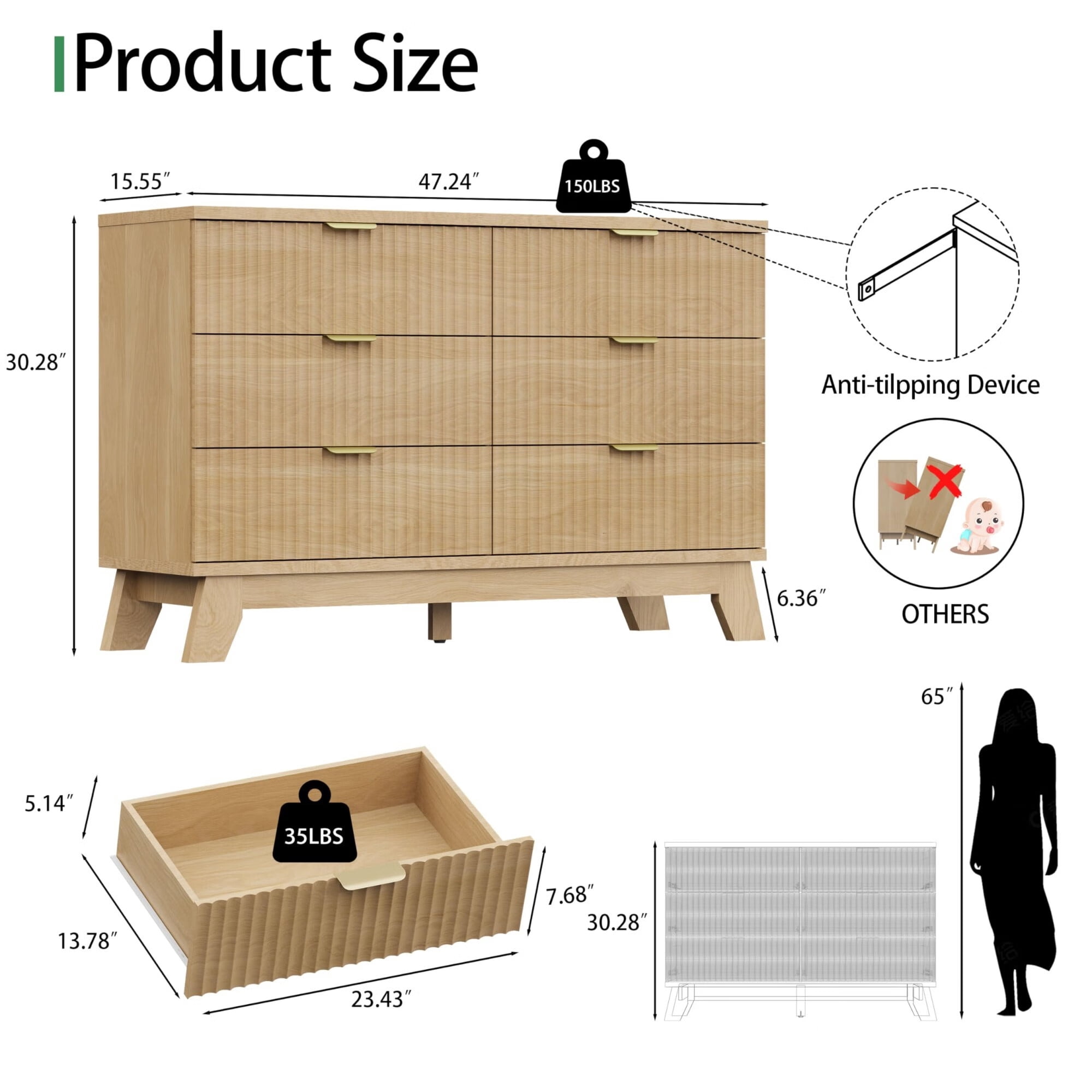 FANRAL 6 Drawers Dresser Fluted Dresser for Bedroom,Wooden Chest of Drawers Modern Dresser for Closet,Natural Oak Dresser