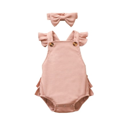 

Suanret Infant Baby Girls Romper Suit Fly Sleeve Solid Color Ruffle Casual Party Summer Bodysuit + Bow Headband Pink 6-12 Months