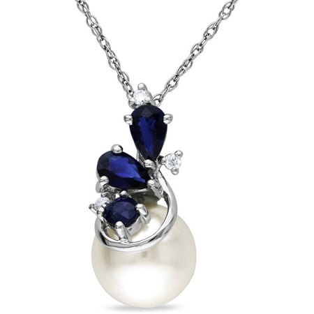 8.5-9mm White Cultured Freshwater Pearl and 5/8 Carat T.G.W. Sapphire with Diamond-Accent Sterling Silver Pendant