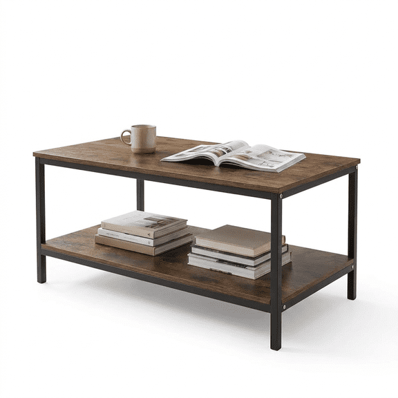 Rustic Industrial Coffee Table with 2 Tier Storage Shelf