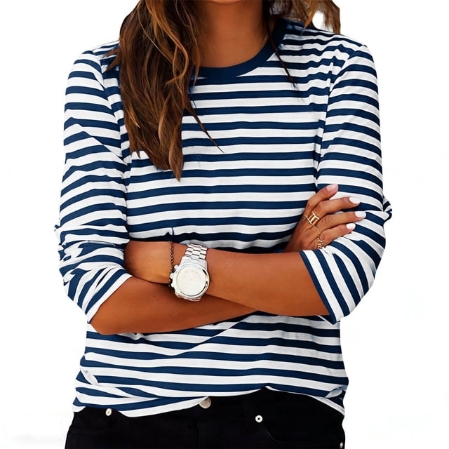 TaTaai Stripe Print Blouse Soft Breathable Women's Fashion Casual 3/4 Sleeve Round Neck Pullover Spring Summer Daily Versatile Top Gift