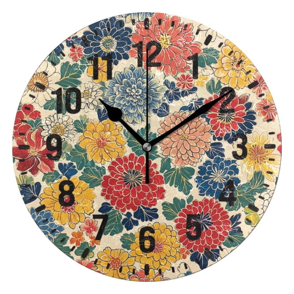 Yayeee 10" Wall Clock Battery Operated Quartz Round Silent Non-Ticking Home Decor, Vibrant Flowers Pattern