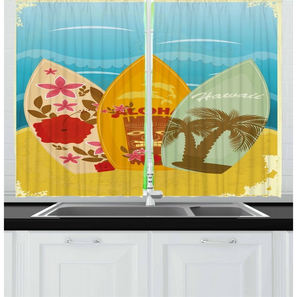 Tiki Bar Curtains 2 Panels Set, Hawaiian Beach Surfboards on the Sand