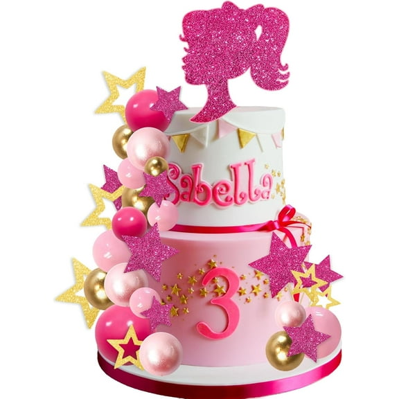 Hot Pink Girl Cake Toppers 36pcs Ball Decorations with Gold Balls Shiny Stars for Boho Princess Theme Wedding Baby Shower Birthday Party Supplies