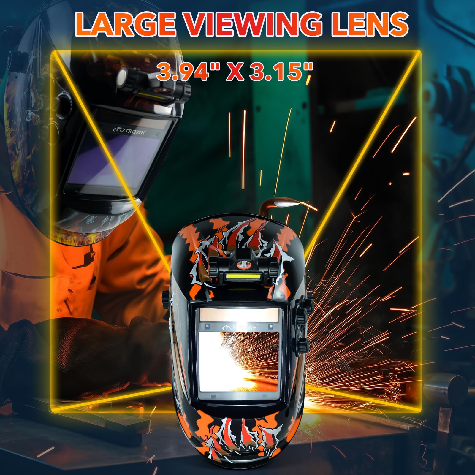 TRQWH Large View 3.94" x 3.15" Welding Helmet Auto Darkening Welding Hood with LED Light Solar Powered True Color 4 Arc Sensor Welding Mask Wide Shade 4/5-9/9-13 Weld Helmet with Grinding (KTS-QLS06)