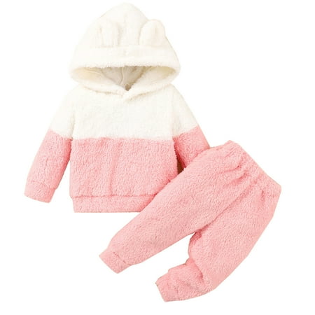 

ZHAGHMIN Winter Fuzzy Hoodies Sweatpants Set for Baby Girls Long Sleeved Patchwork Color Block Fluffy Tops Pants Loose Warm Clothes Set Pink Size9