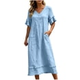 thumbnail image 4 of Vivianyo HD Women's V-Neck Fringe Trim Maxi Dress, Short Ruffle Fringe Sleeve Solid Linen Blend Loose Casual Summer Dresses for Women Vacation, Women's Light Blue, Sizes S-2XL, 4 of 7