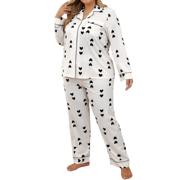 Gkeoshab Pajamas for Women Set Silk Pajamas for Men Women'S Heart Shaped Printed Long Sleeved Long Pants Sleepwear Plus Size Plus Two Piece Set Pajama Dress