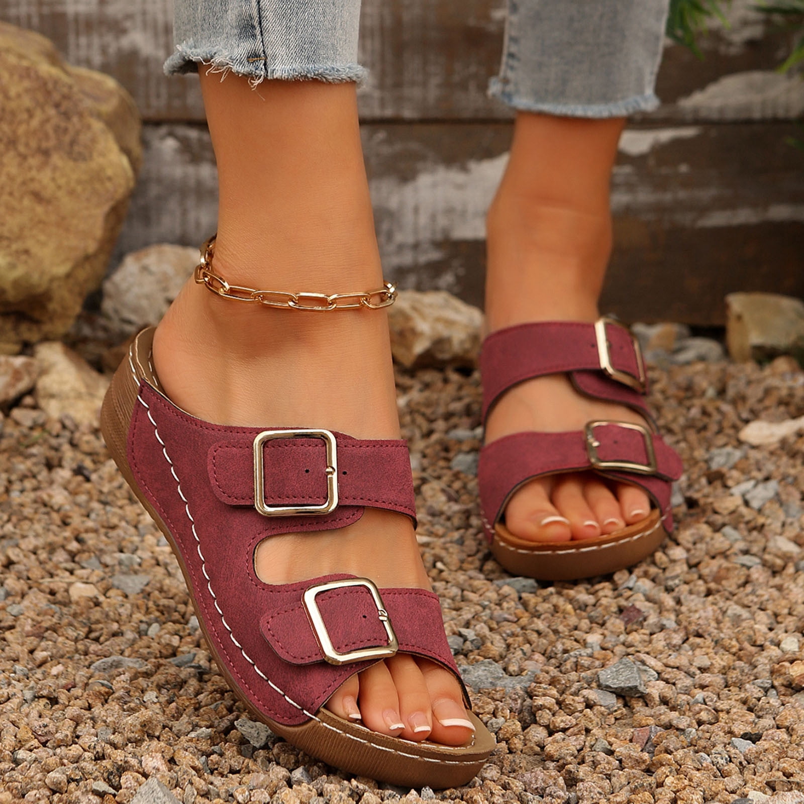 MLCDZ Summer Sandals for Women Orthopedic Wedge Shoes Comfortable Walking Slides Plantar Fasciitis Sandals with Arch Support Anti-Slip Beach Sandals Breathable Red 38