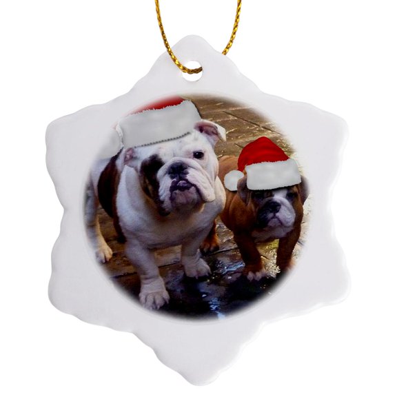 3drose, English Bulldog Christmas Wearing Santa Hats, 3 inch Snowflake Porcelain Ornament