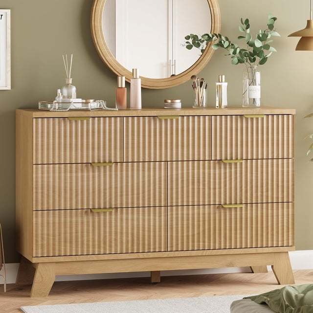 Ourlova Commode Cannelée pour Chambre avec 7 Tiroirs 48 Po de Large Commode Moderne Commode en Bois Meuble Télé Garde-Robe en Bois Rangement pour Vêtements Chêne Naturel
