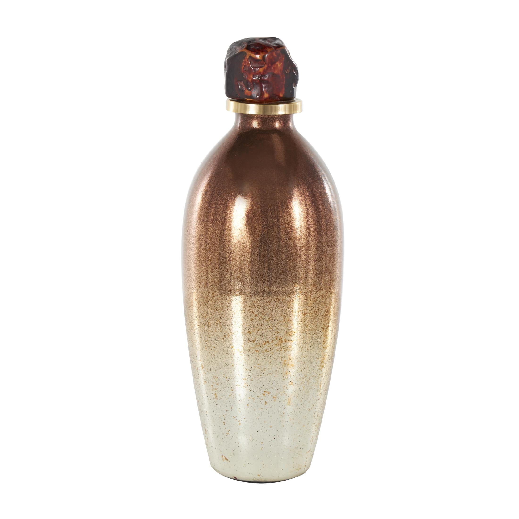 DecMode 5" x 14" Copper Glass Speckled Ombre Decorative Jars with Textured Top Knob and Gold and Beige Accents, 1-Piece