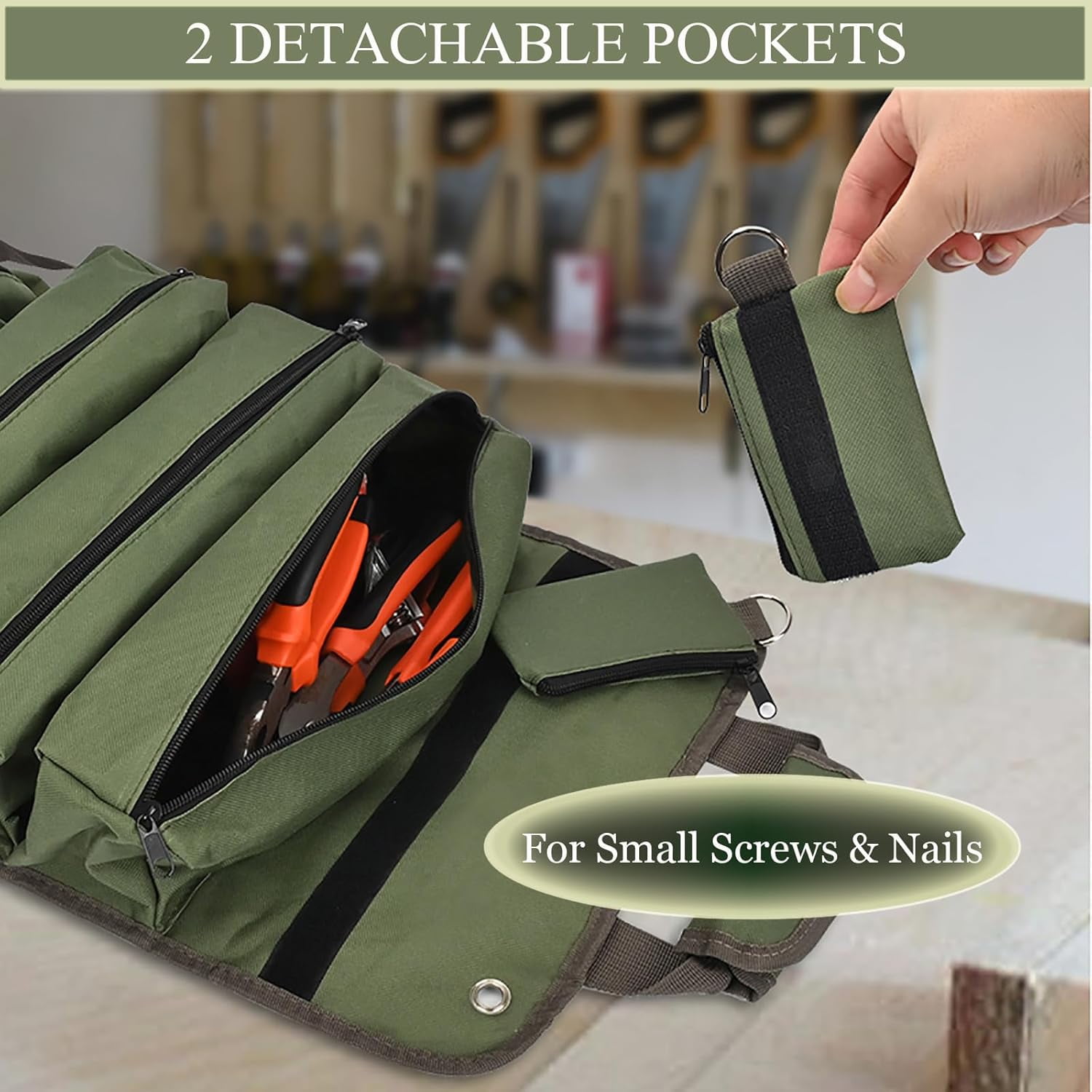 Tool Organizer Bag, Foldable Roll Up Bag Organizer w/ 2 Detachable Pouches, Heavy Duty Tool Storage Organization for Mechanic Carrying Toolbag, Dad Men Birthday Father Day, Gifts for Him (Black)
