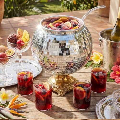 6 Pcs Disco Punch Bowl Set, 1.3 Gallon Large Plastic Punch Bowl with Ladle and 4 Glass Cups for Disco Party Favor Bar Supplies Holiday Wedding Valentine St. Patricks Day Barbecue Party