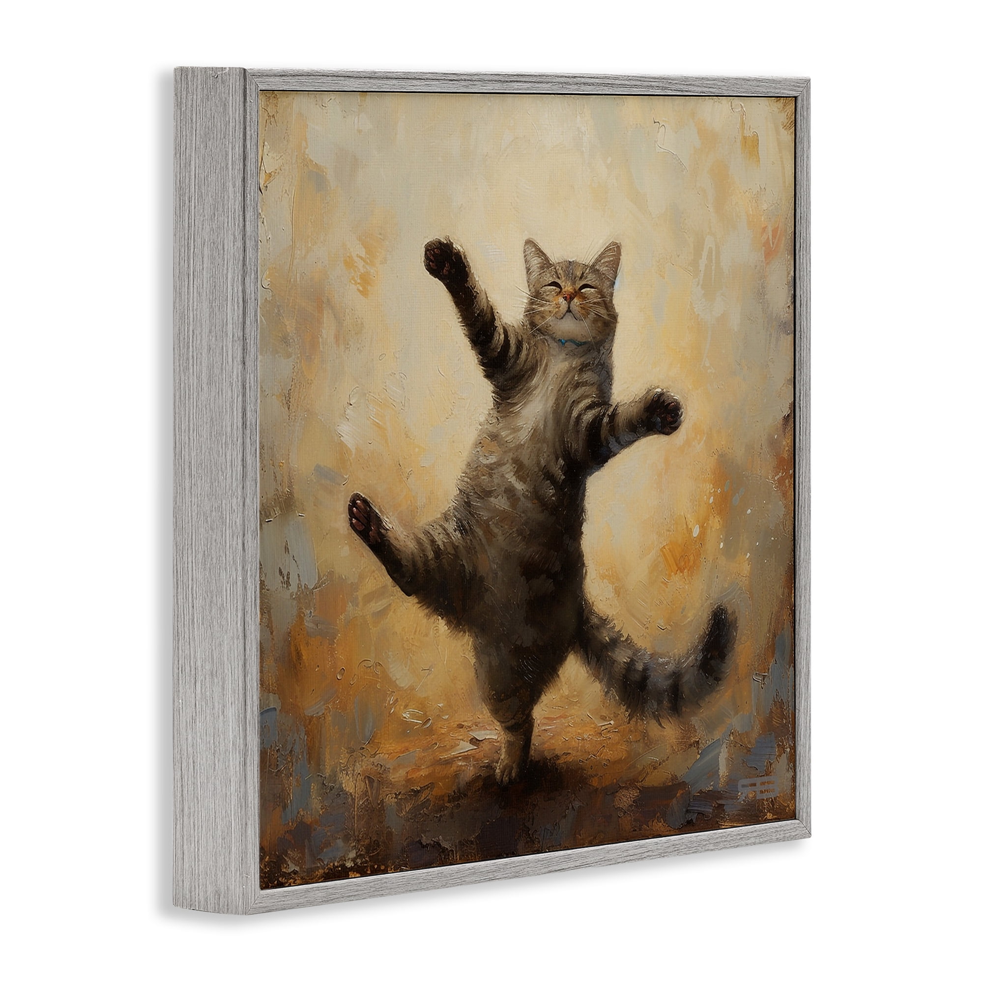 Stupell Industries Dancing Tabby Cat Animals & Insects Painting Gray Framed Art Print Wall Art, 24 x 24