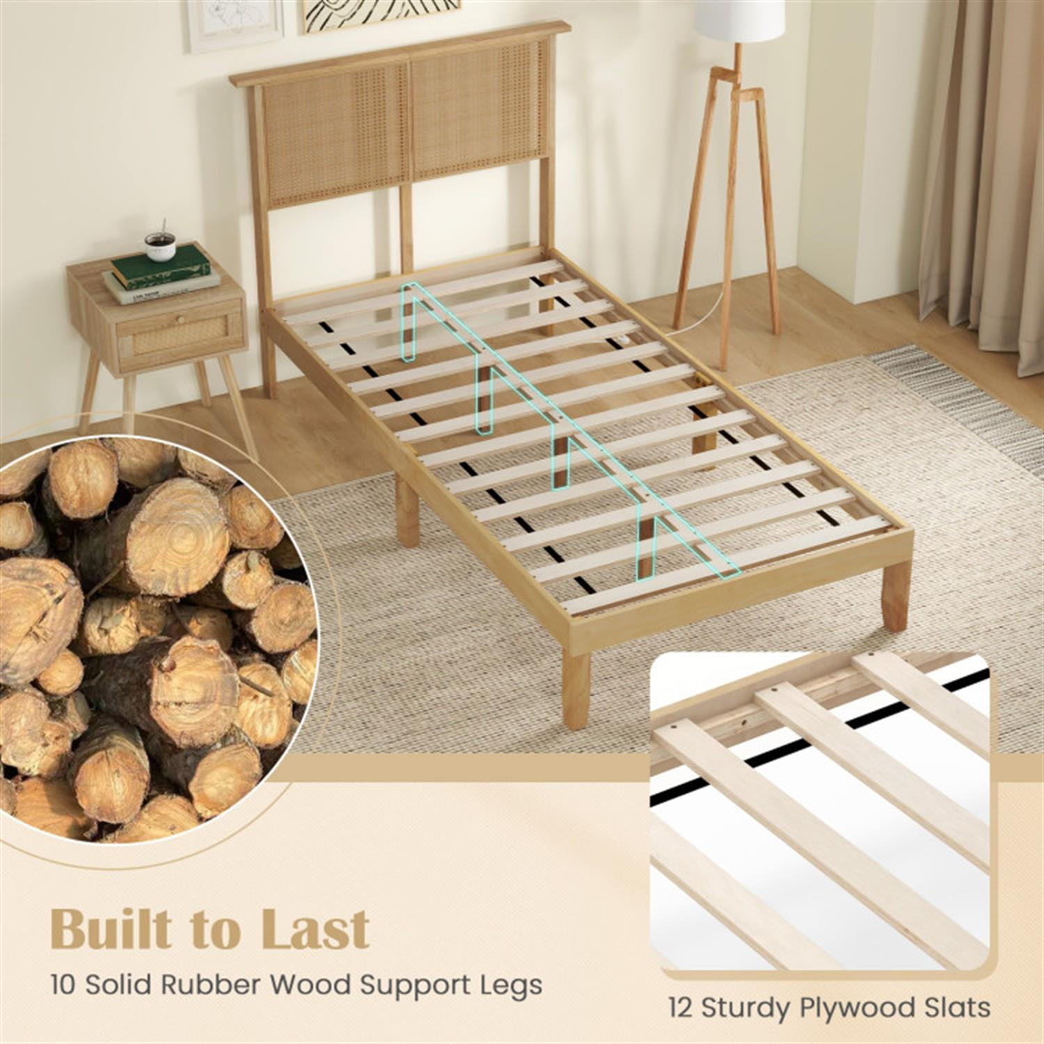 Demi Bonn Twin Size Bed Frame with Rattan Headboard, Platform Bed Frame with 12 Strong Wood Slat Support, No Box Spring Needed, Beige