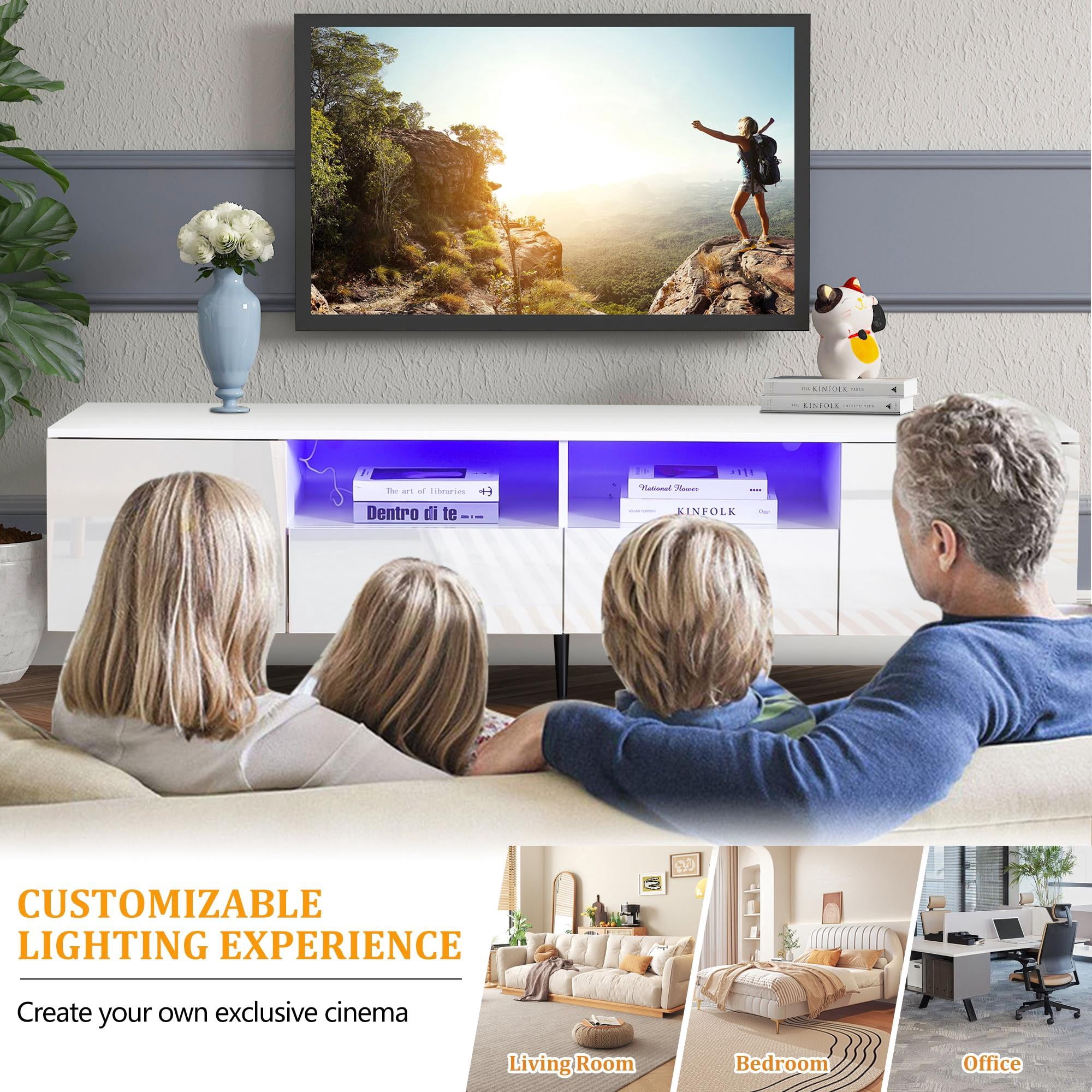 TV Stand for 75 Inch TV, Modern Entertainment Center with RGB LED Lights and Storage Drawers, High Gloss Living Room TV Cabinet, White