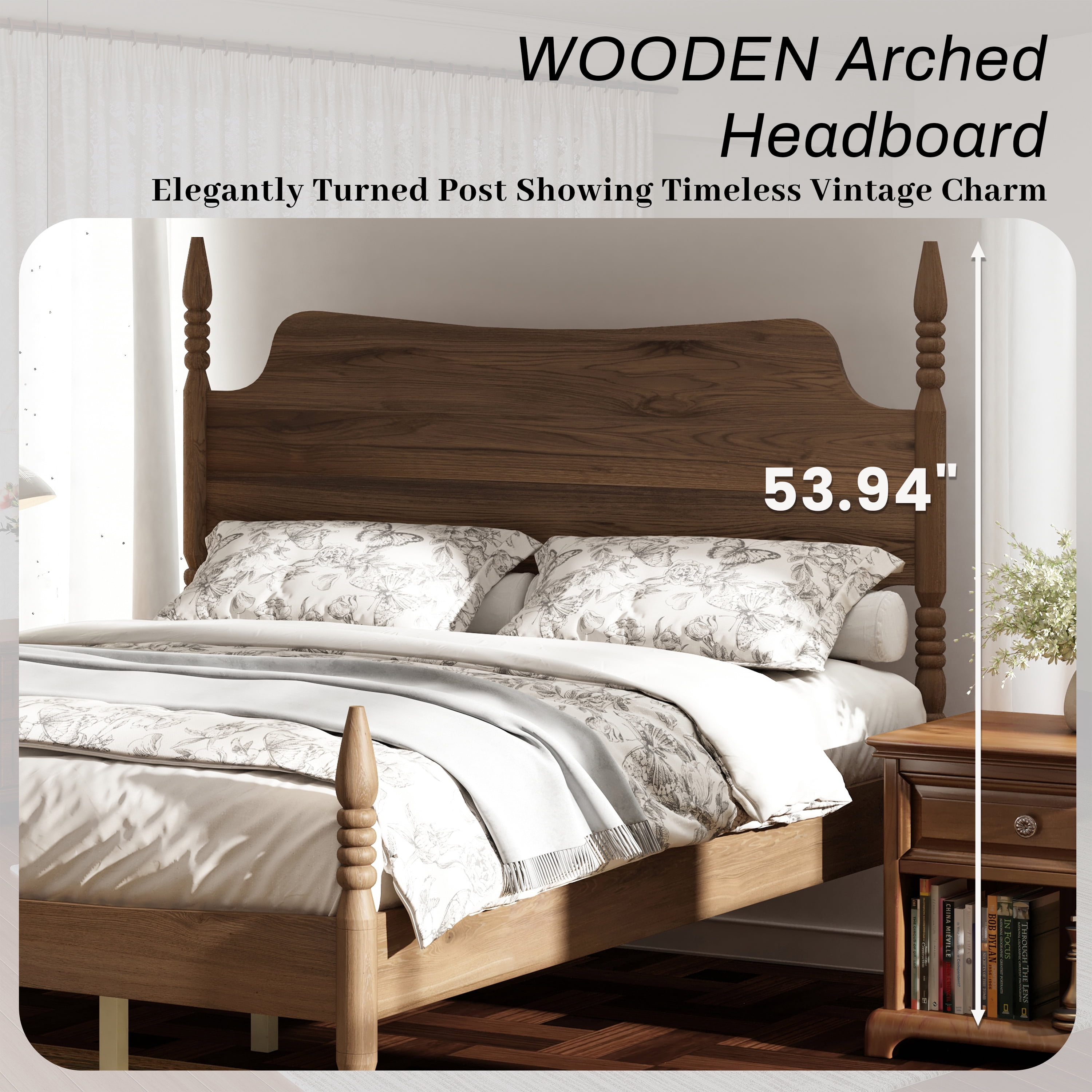 Queen Size Platform Bed Frame,Spindle 4-Poster Bed with Curved Tall Headboard, No Box Spring Needed, Walnut Finish, 800 lbs Capacity