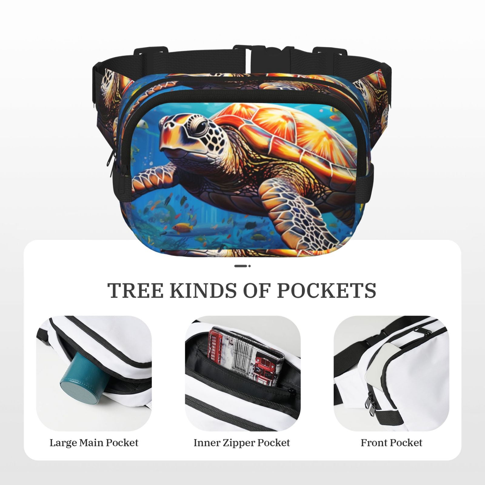 Hirioo Colorful Underwater Sea Turtle for Double Layer Waist Bag Adjustable Fanny Pack For Travel Running Hiking