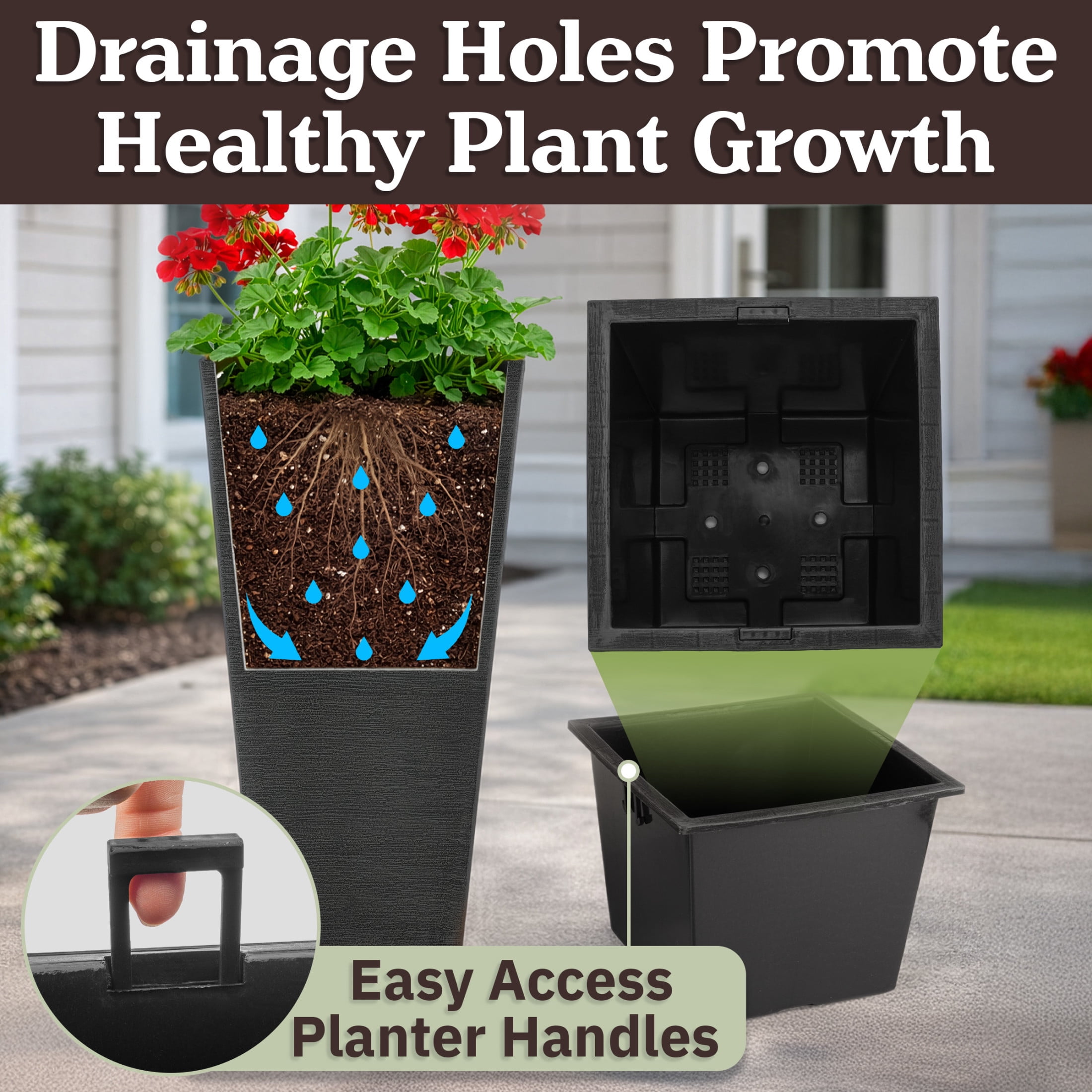 Pure Garden Large Outdoor Planters 2-Pack - 22.4” Tall Planters for Outdoor Plants or Indoors, Gray