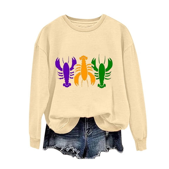 HaoXianJian Womens Mardi Gras Shirts Long Sleeve Crew Neck Shirts Cute Graphic Top for Women 2025 Loose Fits T Shirt Summer Tee Shirts Going Out Top