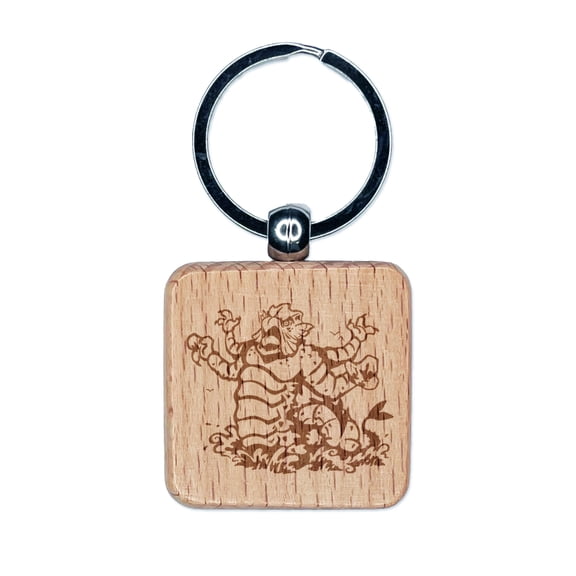 Kraken Titan Clashing with Waves Square Keychain Charm Tag - Engraved Wood