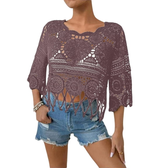 Women's Fringe Trim Sheer Beach Cover Up Boho Crochet 3/4 Sleeve Round Neck Cropped Top for Vacation,Purple,2XL