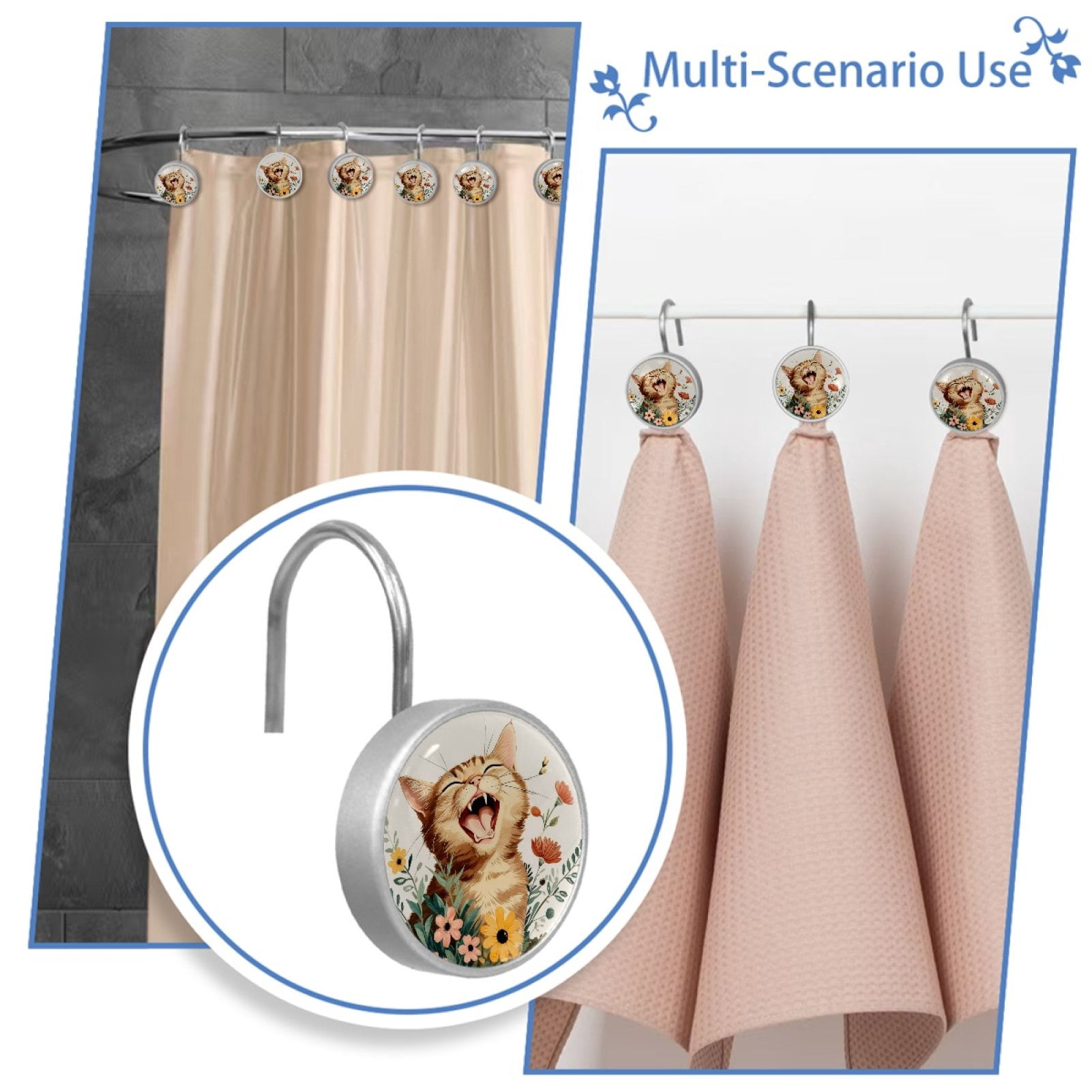 HemaKayy 12 Pcs Shower Curtain Hooks Bathroom Decorative Accessories Laughing Cat
