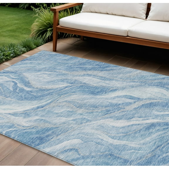 HomeRoots 582983 8 x 10 ft. Abstract Washable Indoor & Outdoor Rectangle Area Rug, Denim Blue & Sky Blue