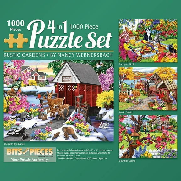 Bits and Pieces 4-In-1 Bundle Rustic Gardens 1000 Piece Jigsaw Puzzles by Nancy Wernersbach 20" x27"