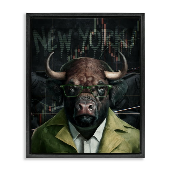 Stupell Industries Stylish Bull New York Animals Painting Black Floater Framed Canvas Art Print Wall Art, 17 x 21