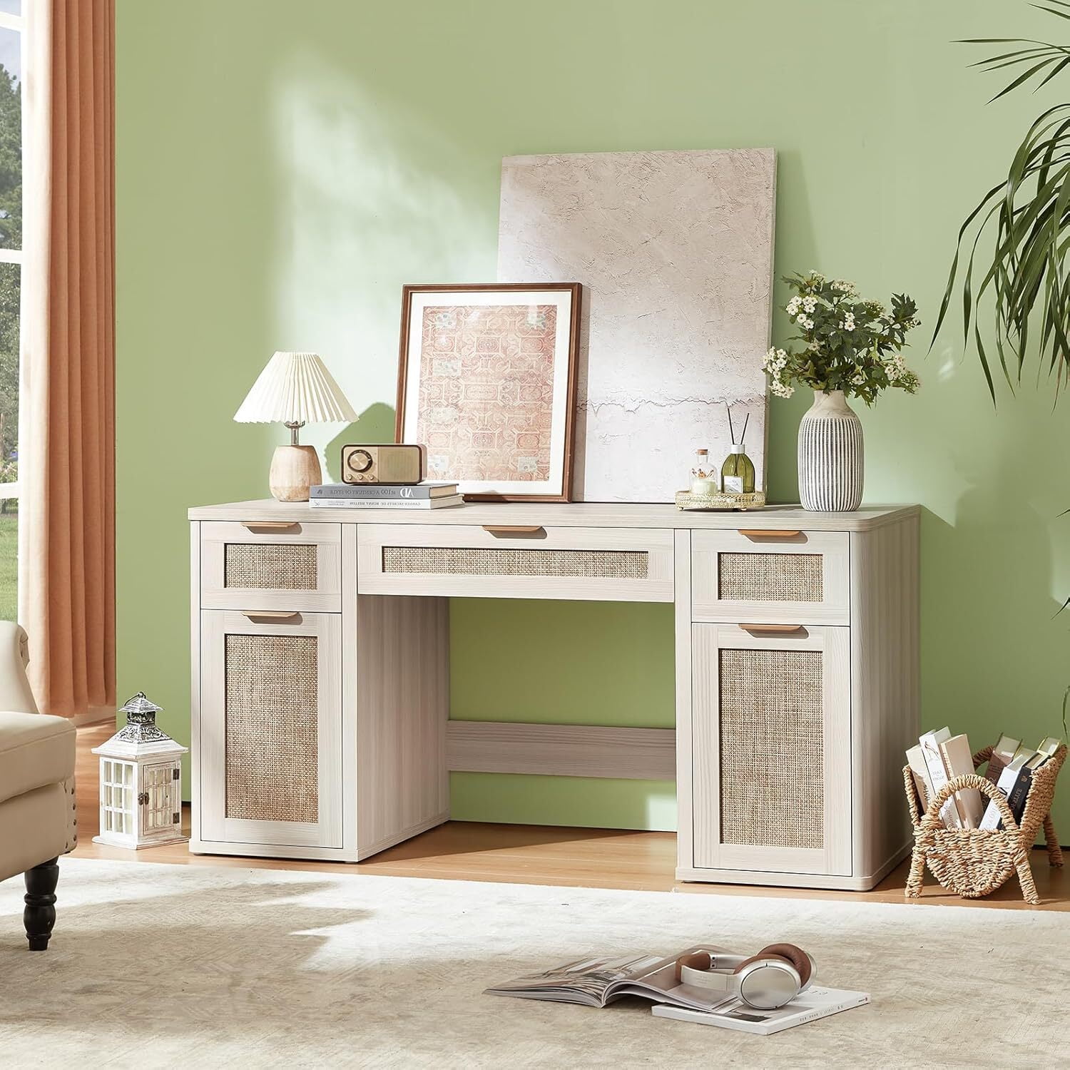 56" Home Office Desk with 3 Drawers & 2 Cabinet, Modern Computer Desk with Small Space, Corner Computer Desk, Grey White