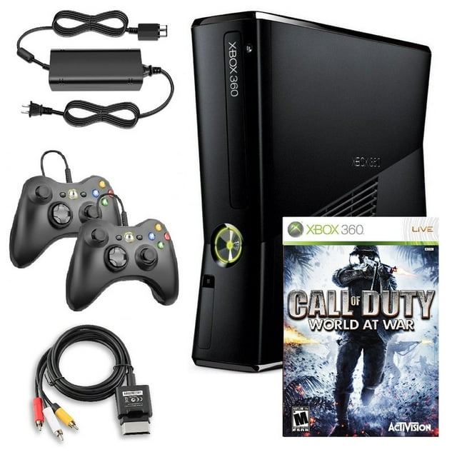 Microsoft Xbox 360 S 4GB Game Console Black with Call of Duty World at War and 2 Retrofam Black Controllers (Refurbished)