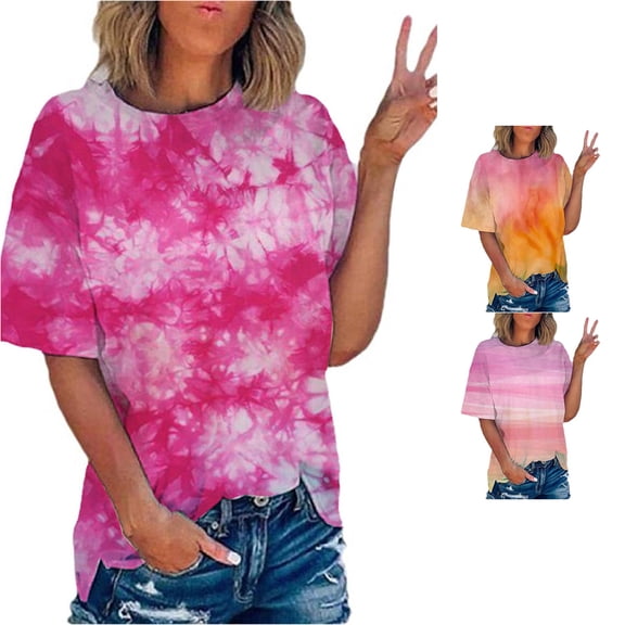 Krdevn Women Tie Dye Print Short Sleeve T Shirt Casual Loose Fit Gradient Color Tees Tops,Hot Pink