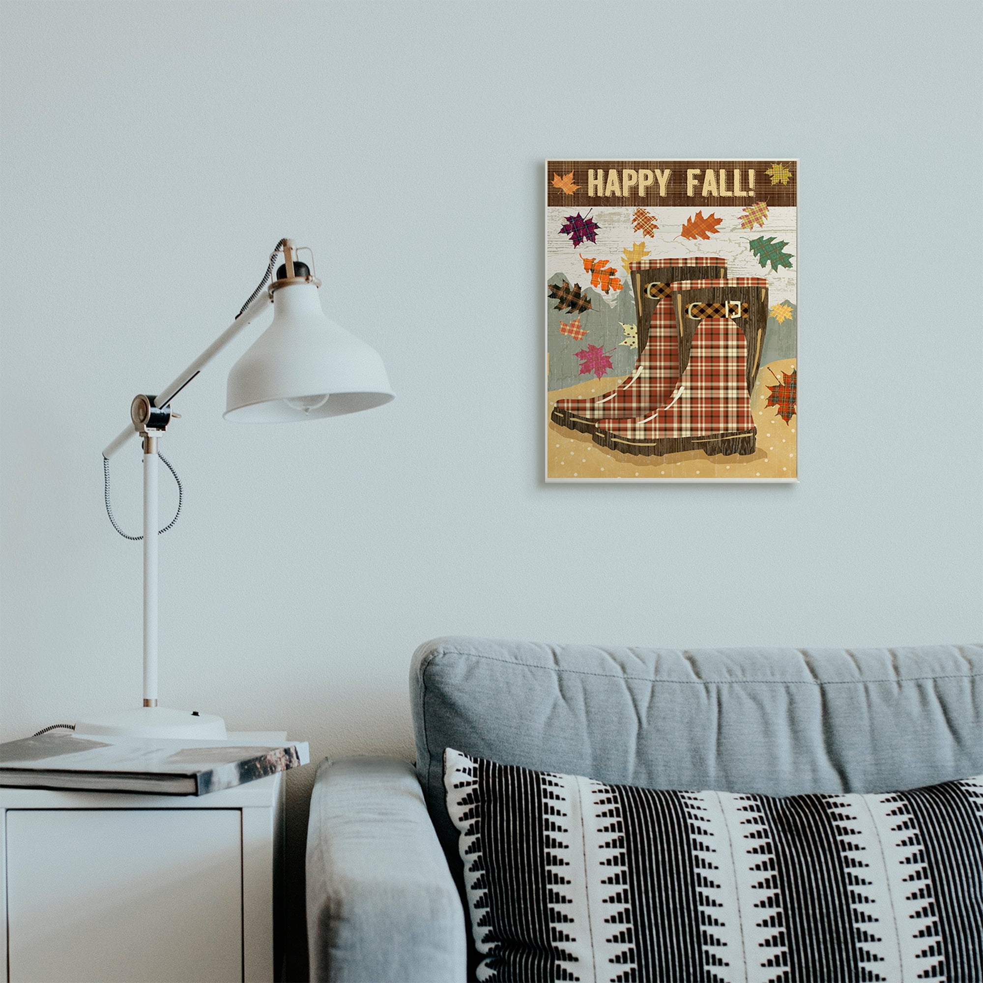 Stupell Industries Happy Fall Phrase Plaid Boots and Foliage Landscape Painting Wall Plaque Art Print Wall Art, 13 x 19