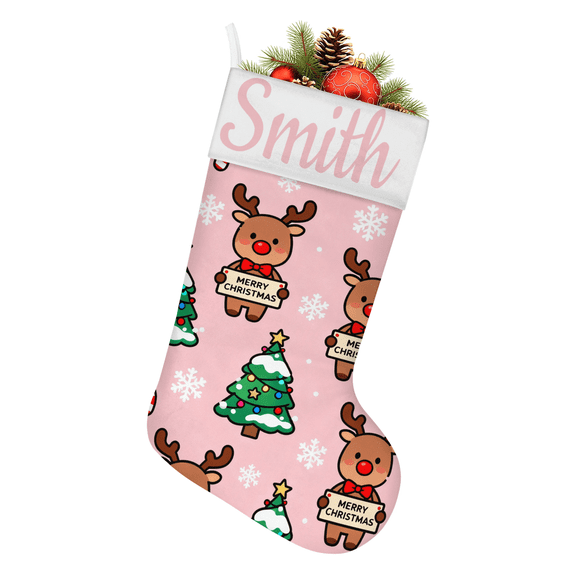 Pink Personalized Christmas Stocking with Name,18.5In Hanging Christmas Deer Stockings for Mantels,Christmas Tree Family Kids Holiday Decor