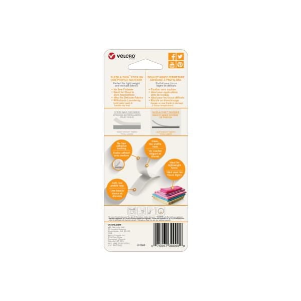 VELCRO® BRAND Doux et Mince Fermeture adhésives 24" x 3/4" Blanc