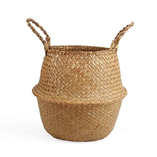 Woven Seagrass Belly Basket for Storage Plant Pot Laundry Grocery Picnic Basket 