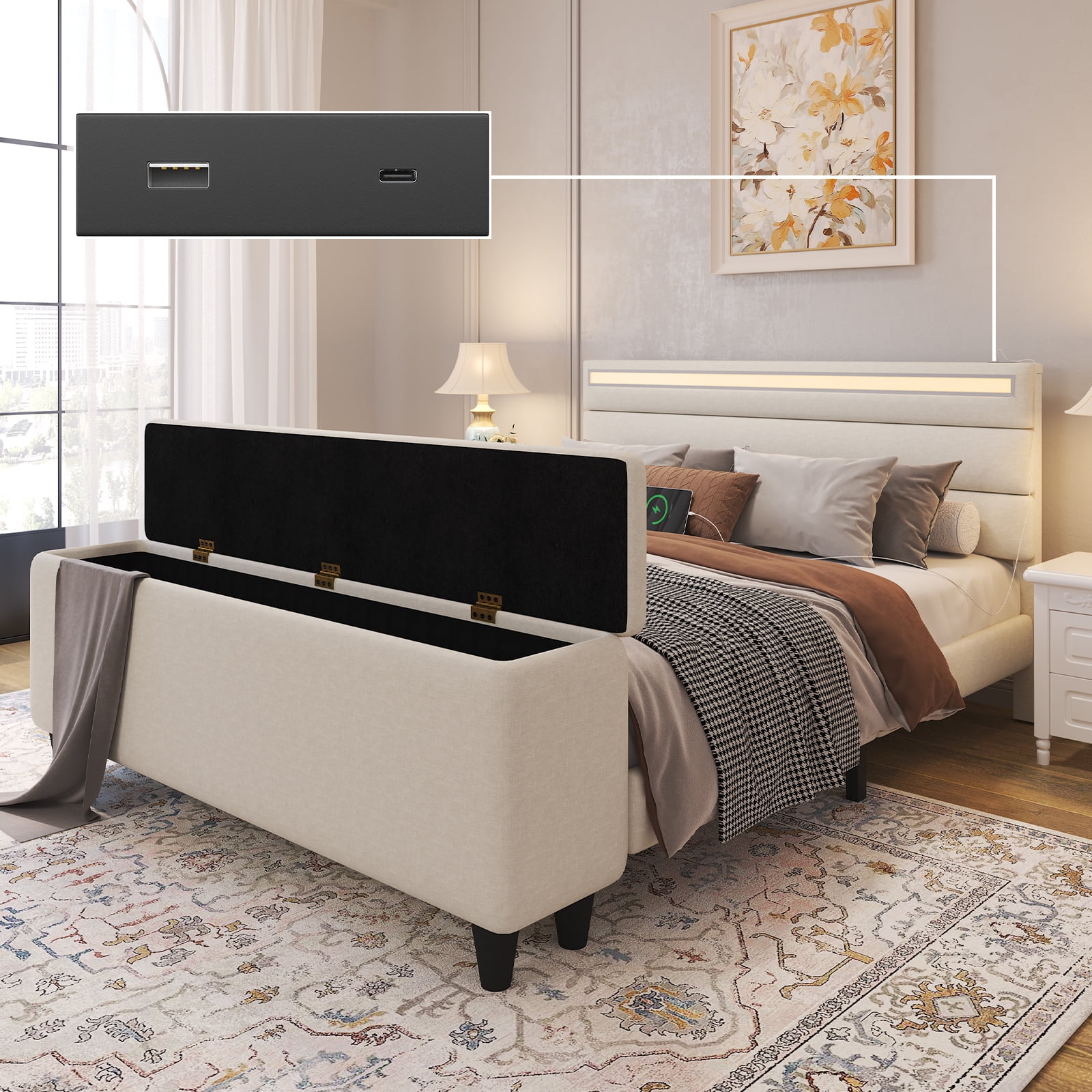 E-motie Full Upholstered Bed Frame with Storage Ottoman, Charging Station and LED, Beige Full Bed