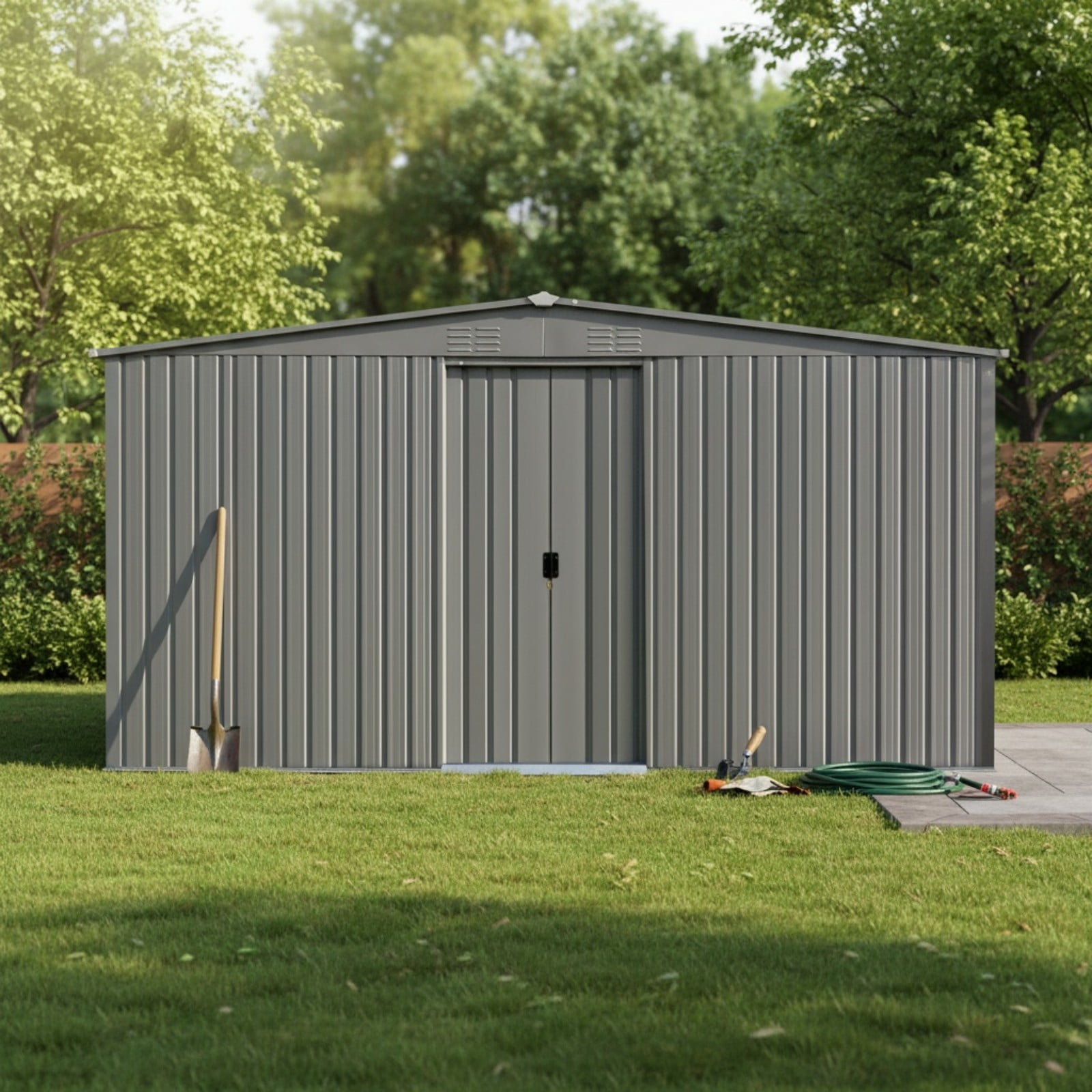 Alvantor Outdoor Storage Shed Metal & Firewood Shed Dual Function,14x12ft,Grey