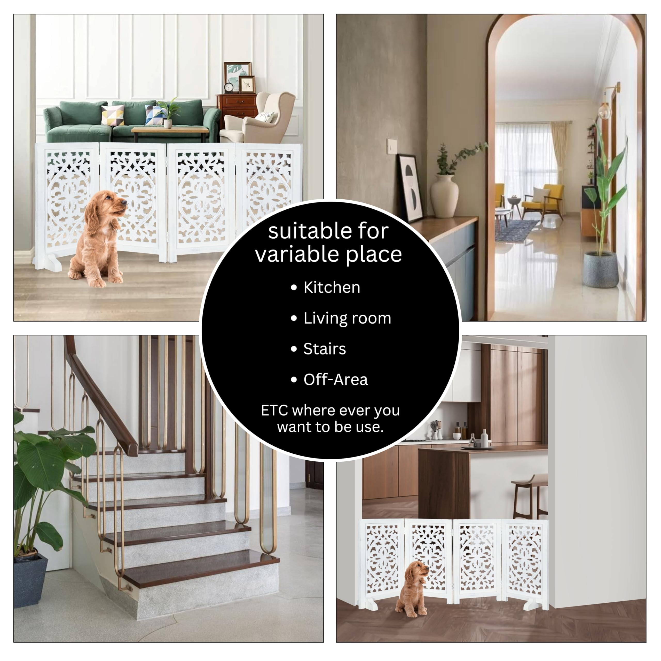 The Wooden Town Foldable Free-Standing Pet Gate, 4-Panel Wooden Dog Barrier, 56" W x 28" H, White Finish, Hand-Carved Solid Wood & MDF