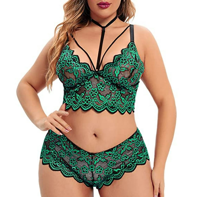 GWAABD Bra and Panty Set Combo and Hot Plus Size Lingerie V Neck High Waist  Floral Lace Bra and Panty 2 Piece Set No Underwire