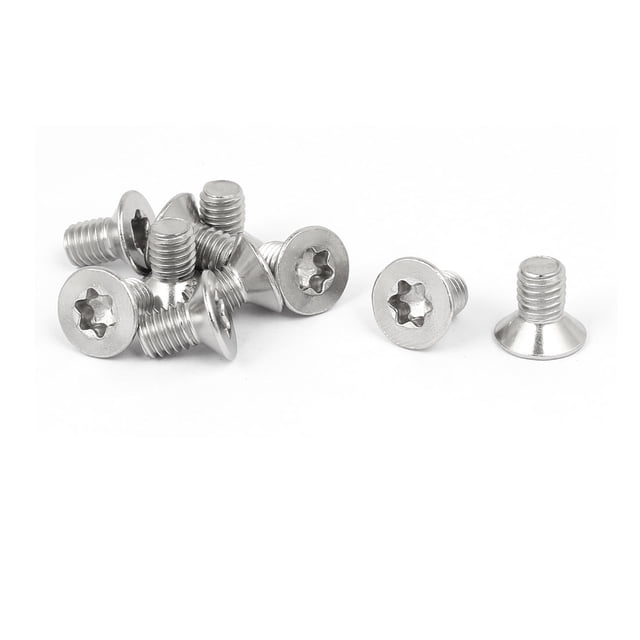 Unique Bargains M6 x 10mm 316 stainless steel flat Torx head machine screws in silver tone, shown in a set of 10 pieces. Each screw features a fully threaded design with a flat Torx socket head, a thread size of M6 x 6.5mm, and a total length of 10mm. The head diameter is 11mm, and the bit driver size is 5.5mm. Suitable for use in home and office appliances, communication equipment, ship assembly, and other machinery industries.