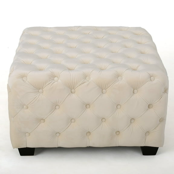 GDF Studio Anikki Modern Glam Velvet Button Tufted Square Ottoman, Ivory and Dark Brown