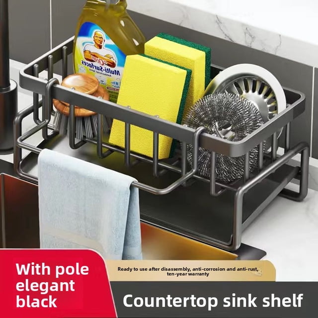 Soporte de esponja de cocina, escurridor, organizador de fregadero para almacenamiento de paño de cocina con gancho para colgar,Negro
