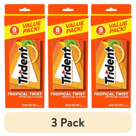 (3 pack) Trident Tropical Twist Sugar Free Gum, Value Pack, 8 Packs of 14 Pieces (112 Regular Size Pieces)