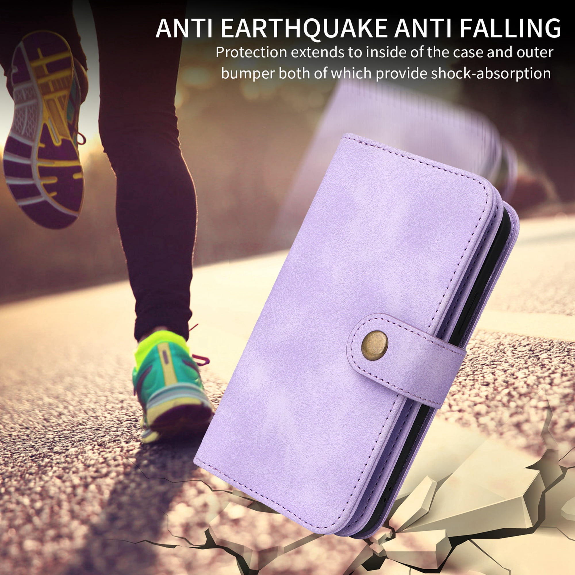 Dteck for Apple iPhone 14 Pro 6.1 inch Wallet Case for Women Men, Sturdy PU Leather Case Magnetic Flip Zipper 7 Cards Holder Wristlet & Shoulder Strap Kickstand Phone Case,  Purple
