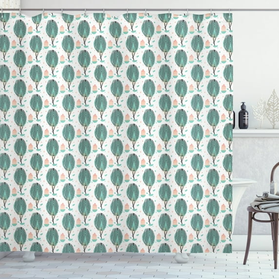 Modern Shower Curtain, Abstract Geometric Outdoors Pattern with Trees and Houses in Pastel Colors, Fabric Bathroom Set with Hooks, 69W X 84L Inches Extra Long, Seafoam Peach Black, by Ambesonne